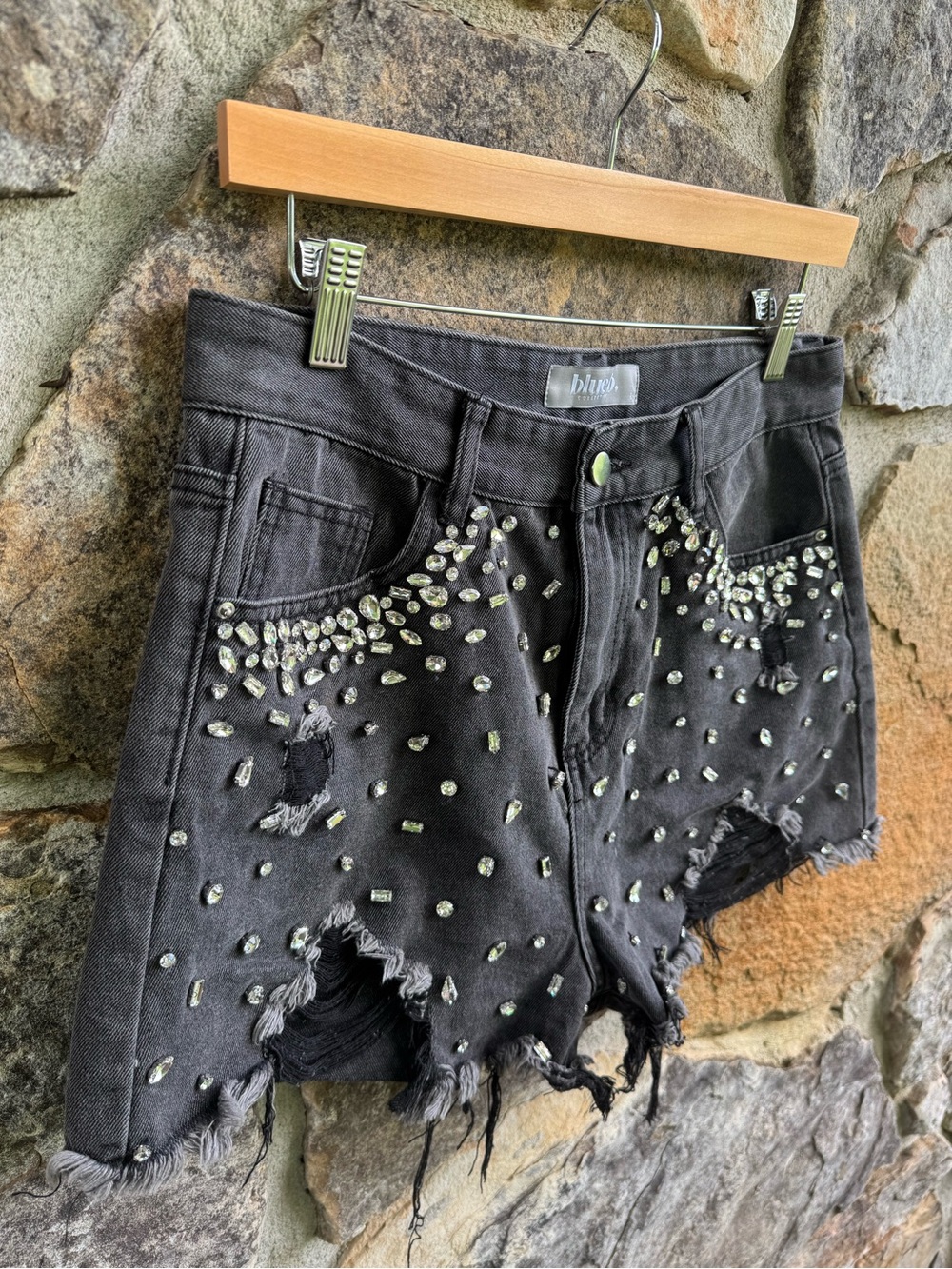 Black Rhinestone Distressed Denim Shorts Large Nashville Festival Bedazzled - Picture 3 of 12